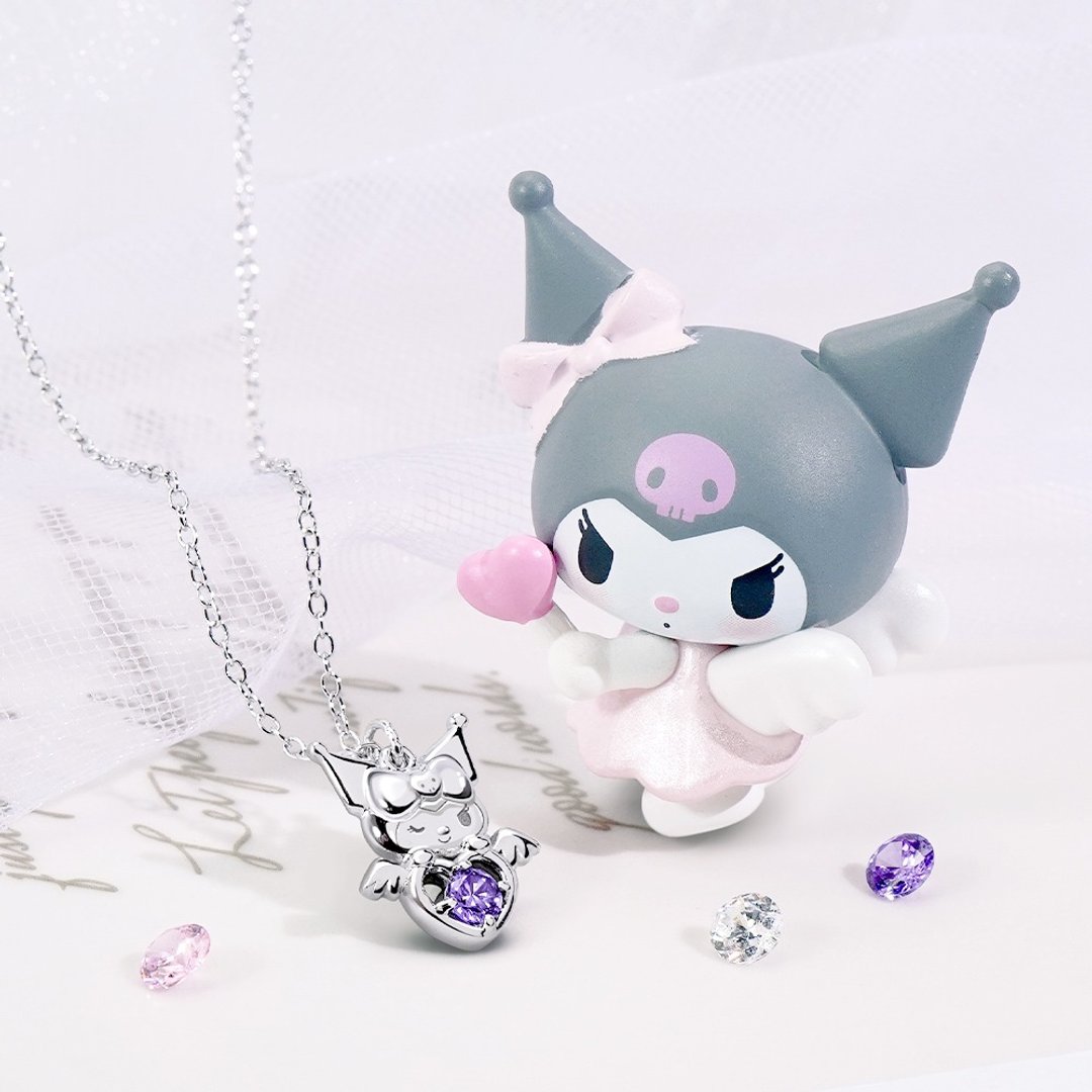Kuromi & MyMelody邱比特系列-酷洛米小翅膀诞生石纯银项链 - 项链 - 纯银 银色