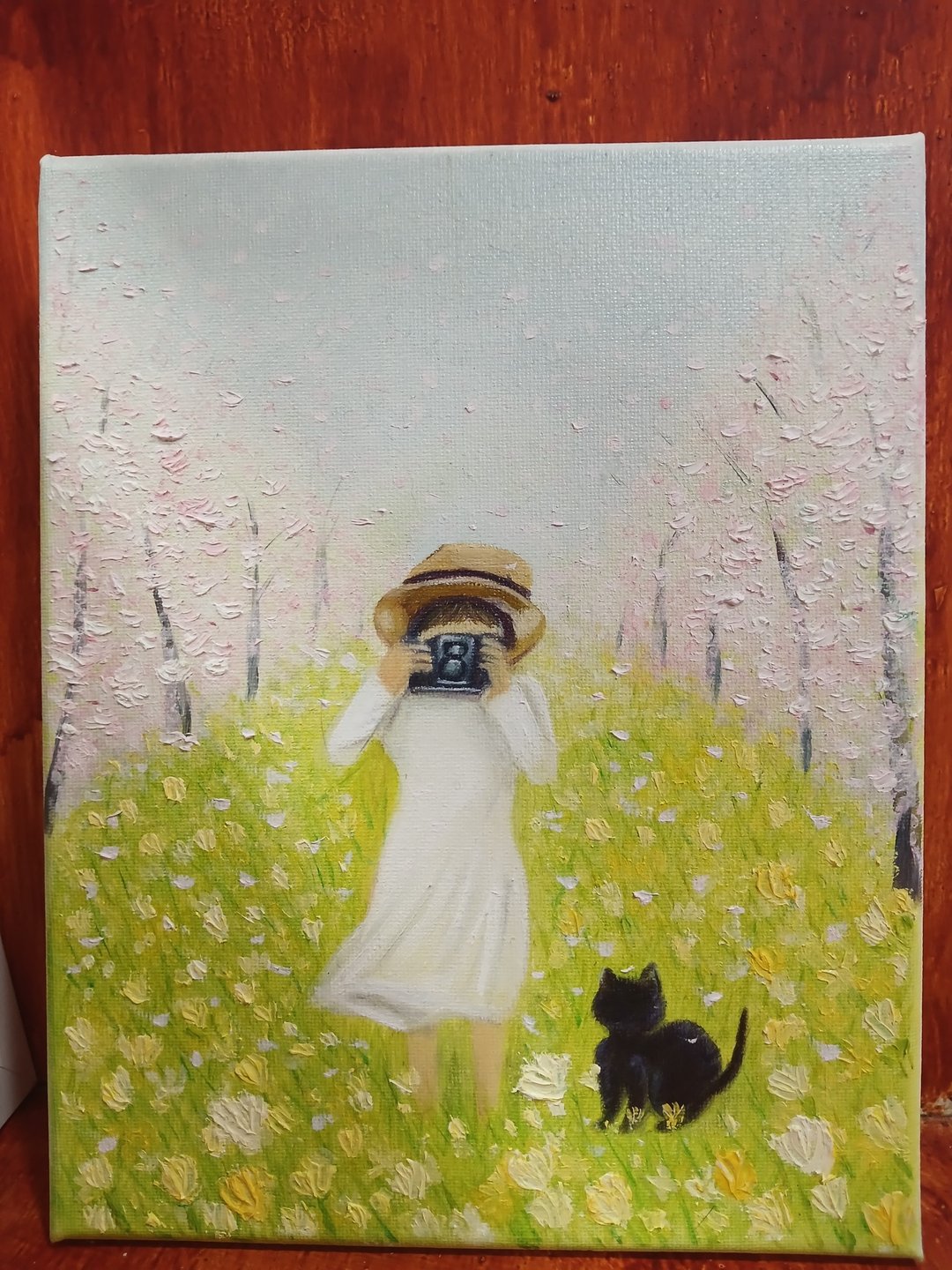 油画：小女孩与黑猫合影 - 墙贴/壁贴 - 棉 