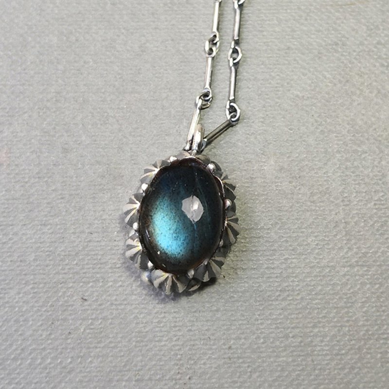 Delia繁花复古银坠链-蓝色拉长石 - 项链 - 纯银 蓝色