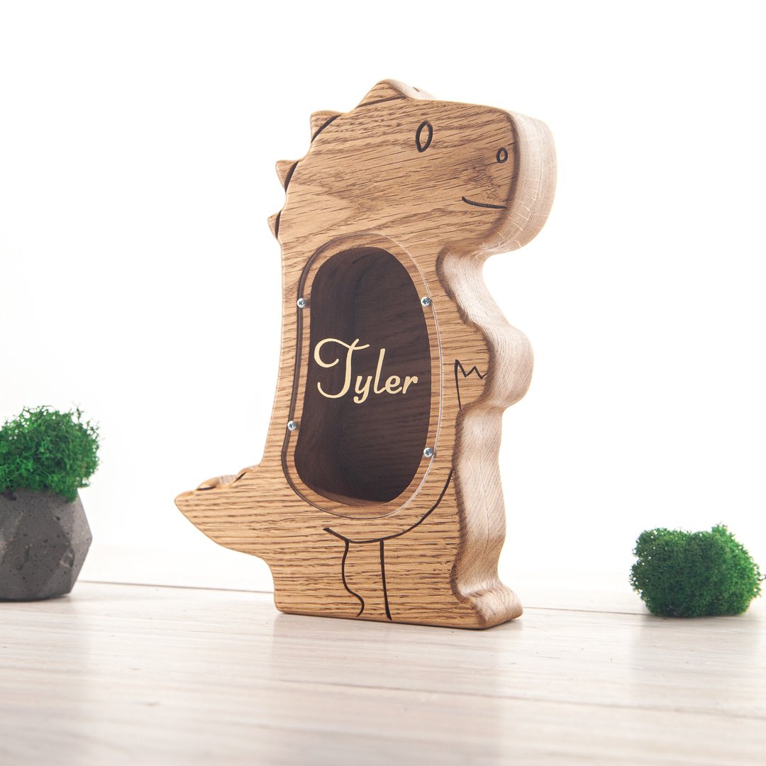 T-rex dinosaur piggy bank, Christmas Customized gift, coin bank animal money box - 储蓄罐 - 木头 