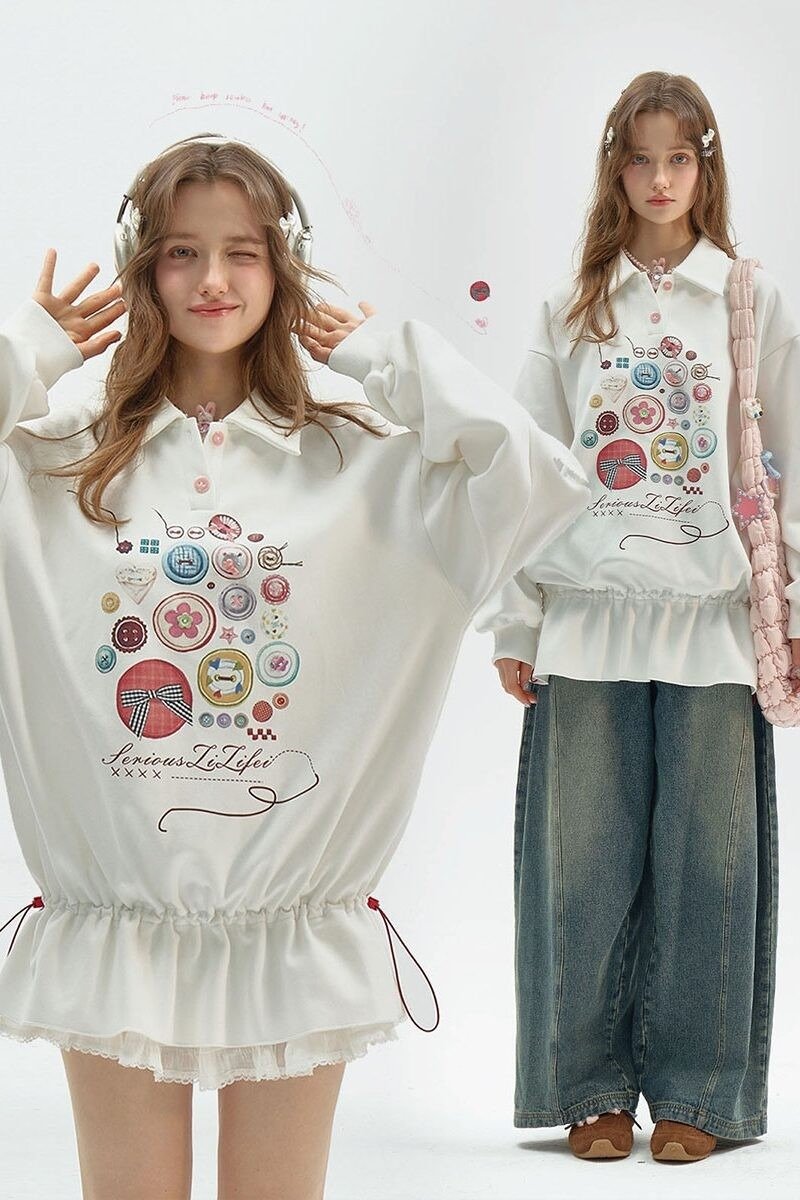 ziziFei春秋美式复古设计感纽扣印花白色polo领收腰卫衣连衣裙女 - 女装上衣 - 其他材质 白色