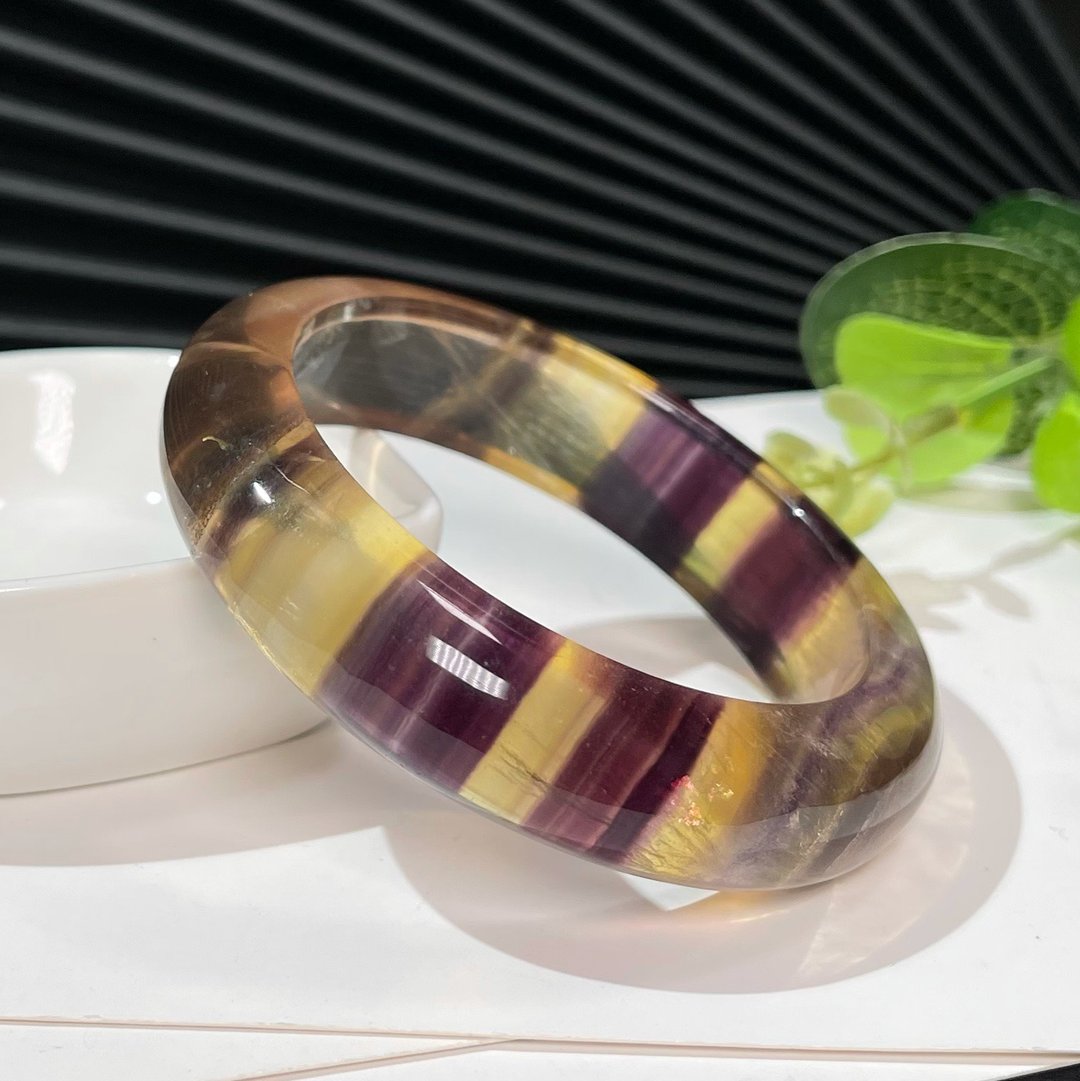 紫黄萤石手镯57MM 冰透天眼星光千层纹沸石水晶手环 女性暖宫石 - 手链/手环 - 水晶 