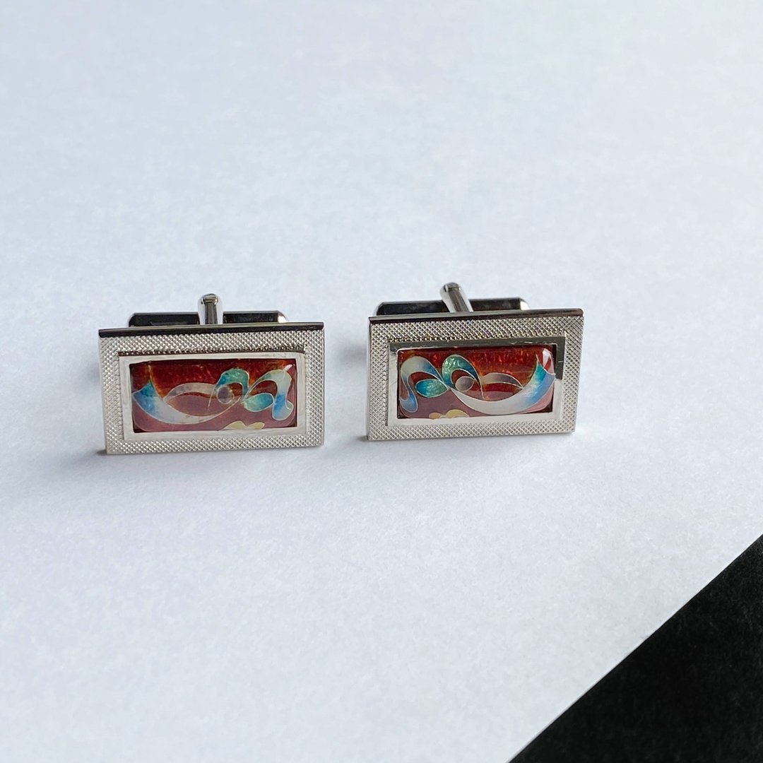 Tiny ribbon [Garnet Garnet] Cloisonne cufflinks Cufflinks Pure silver cloisonne - 袖扣 - 其他材质 红色