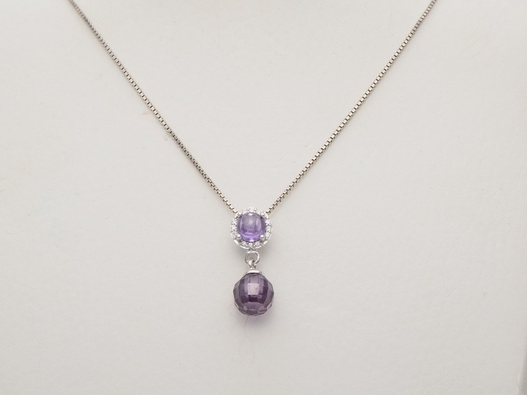 Silver 925 setting Purple Cabochon+Briolette ball Pendant on Italian box chain - 项链 - 纯银 紫色