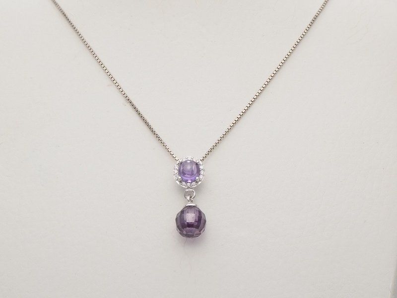 Silver 925 setting Purple Cabochon+Briolette ball Pendant on Italian box chain - 项链 - 纯银 紫色