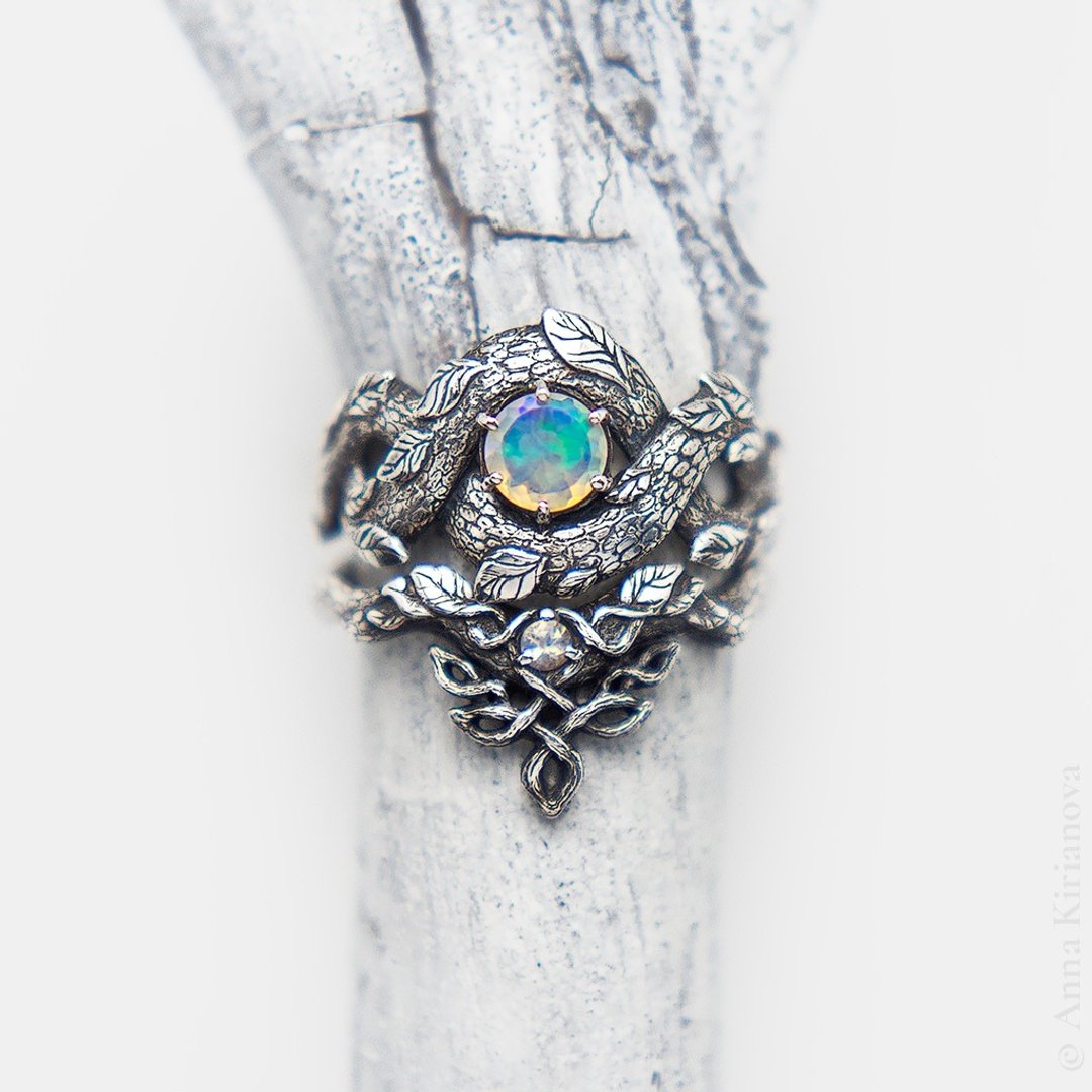 Set of Dragon Ring with Ethiopian Opal and Leaf and Vine Ring with Moonstone - 戒指 - 纯银 银色