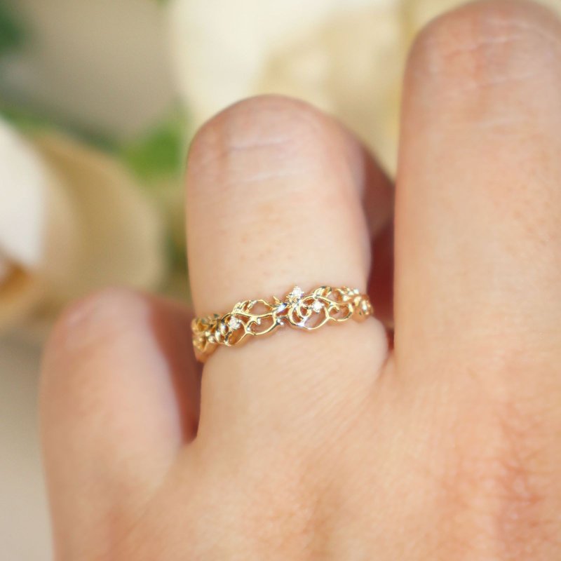 【古典气息】14k/18K 茛苕纹钻石戒指 复古雕花戒指 - 戒指 - 贵金属 金色