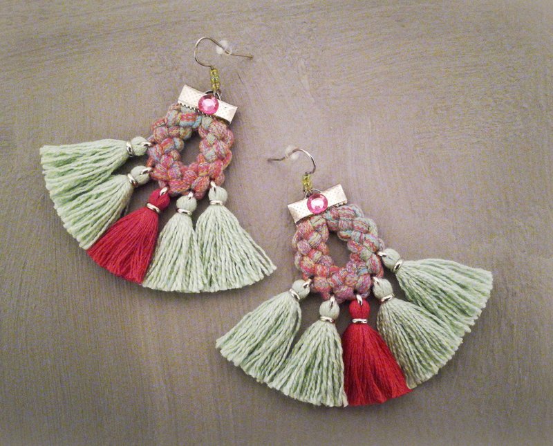 Tassel Earrings Pink Green Boho Gypsy Style Jewelry - 耳环/耳夹 - 绣线 绿色