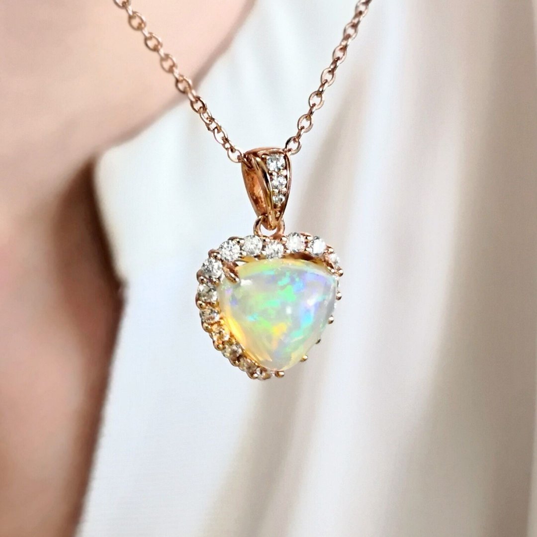 天然蛋白石 欧泊 OPAL 变彩如画 纯银项链 古典玫瑰金色 礼物 - 项链 - 纯银 多色