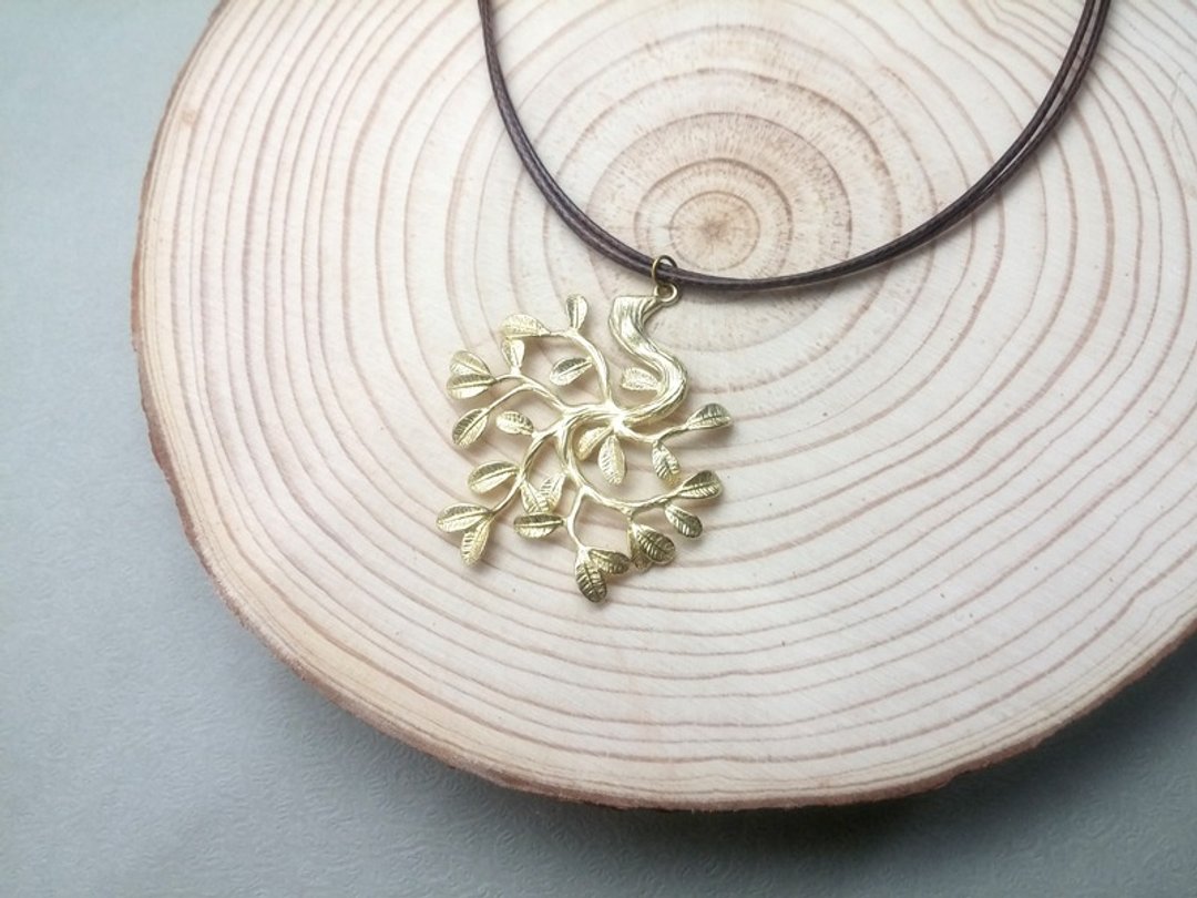 手作x项链 黄铜 森木之叶 素色简约 蜡绳细线 - 锁骨链 - 其他金属 金色