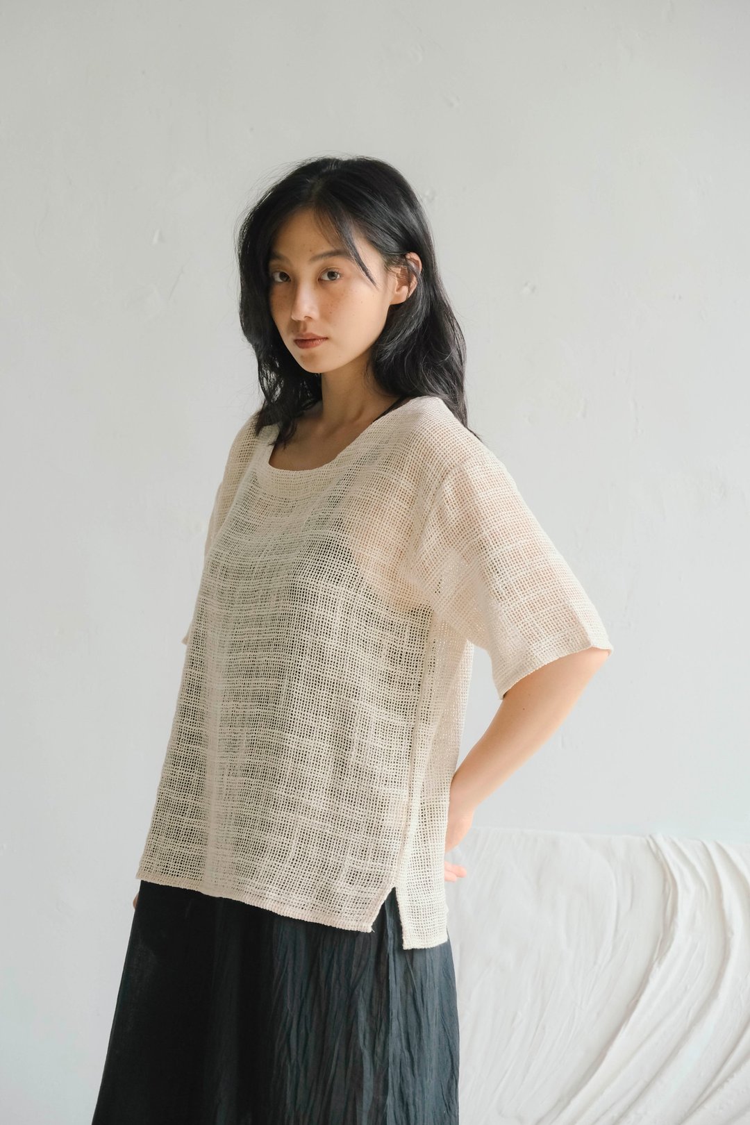 圆领网格针织短袖上衣 / Hemp 杏色 - 女装上衣 - 棉 白色