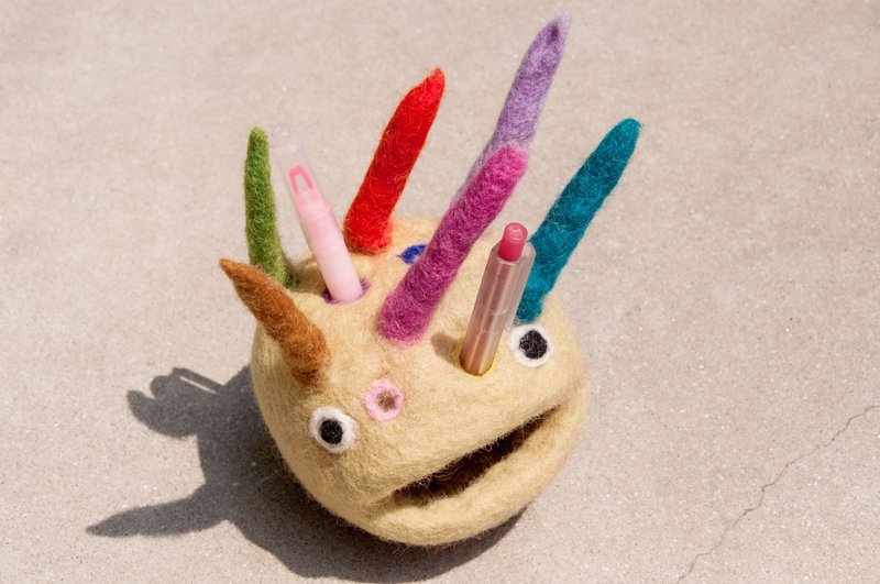 手工羊毛毡笔筒/文房具/笔筒/彩色羊毛毡笔筒-怪兽笔筒缤纷名片架 - 笔筒/笔座 - 羊毛 绿色