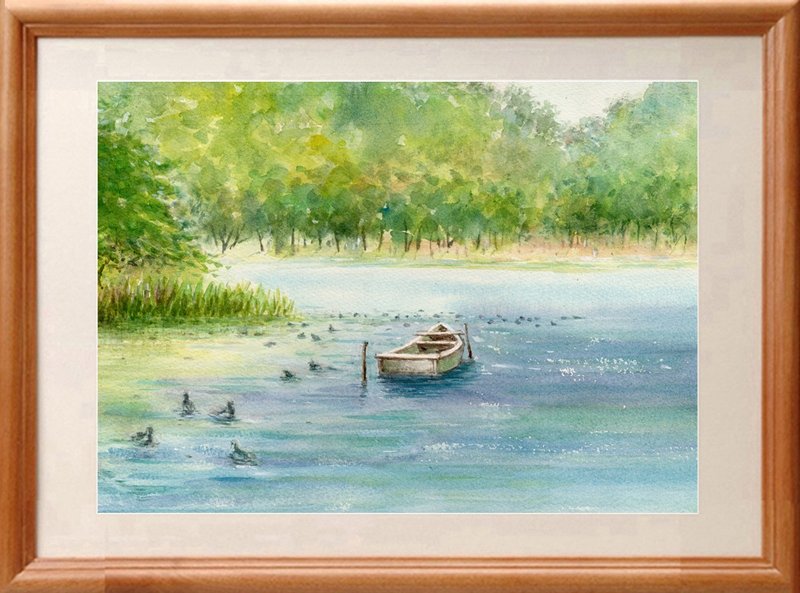 原创水彩画：静静的池塘、日本船和鸭子 - 海报/装饰画/版画 - 纸 绿色
