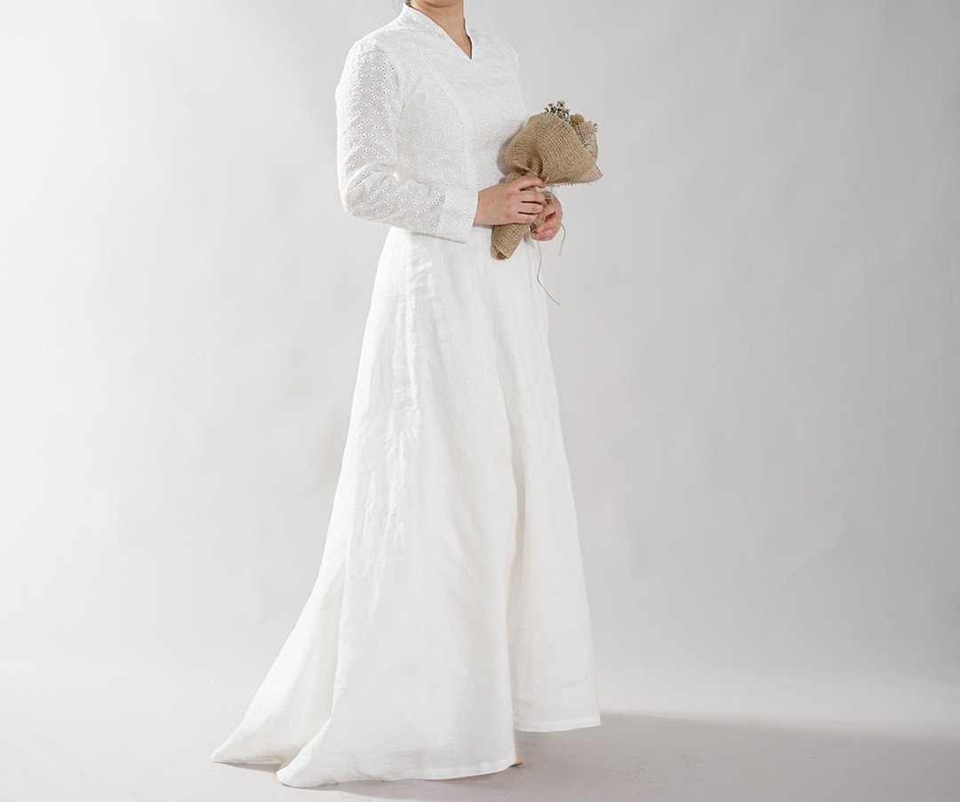 wafu Linen Wedding Dress with a Pannier / White a092a-wht2 - 晚装/礼服 - 棉 白色