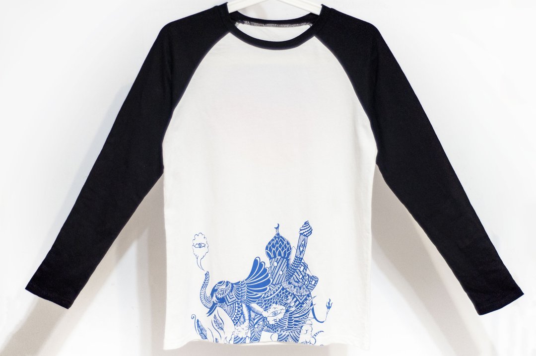 女装纯棉长袖棒球装上衣 黑白撞色印花T-shirt-印度大象跳舞书本 - 女装上衣 - 棉 多色
