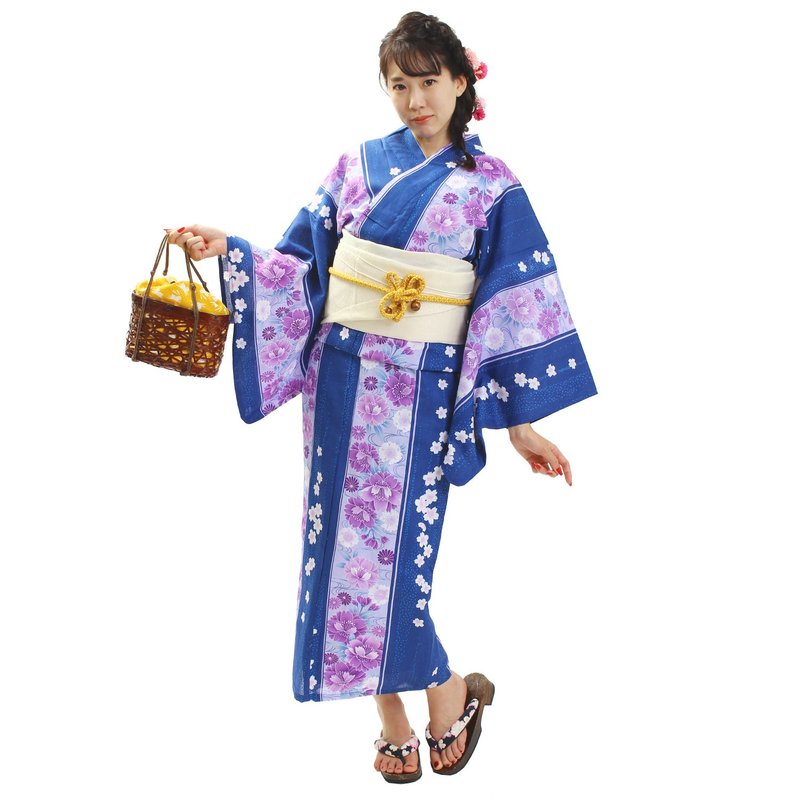 日本 和服 梭织 浴衣 女性 浴衣 腰带 2件组 F Size x08-04 - 其他 - 棉．麻 蓝色