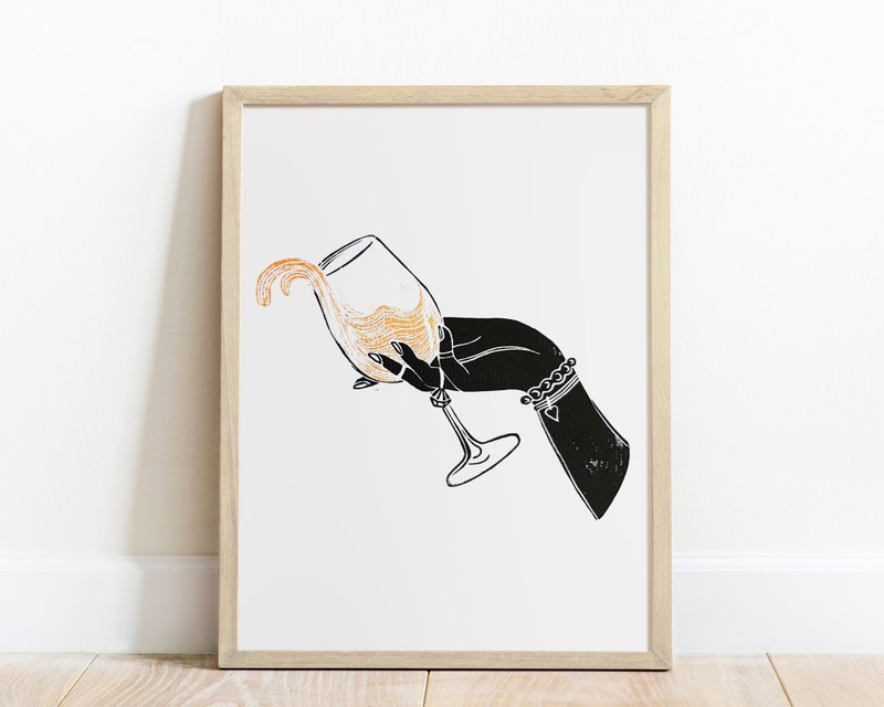 Linocut 印花黑人妇女手拿着一杯白葡萄酒墙壁艺术酒装饰 - 海报/装饰画/版画 - 纸 黑色