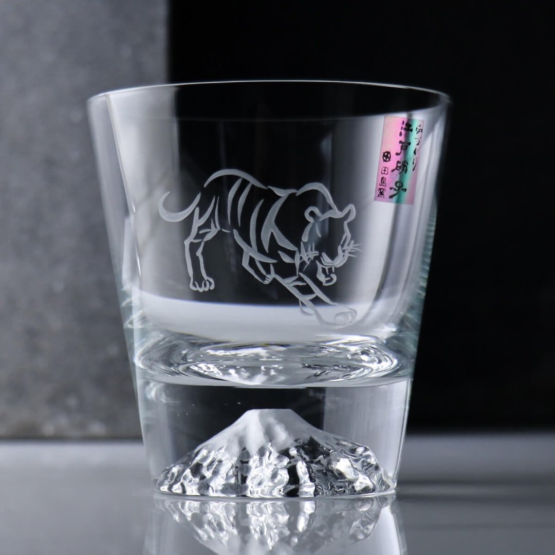 220cc【日本田岛硝子】老虎 富士山杯 (日本桐箱包装) - 酒杯/酒器 - 玻璃 透明