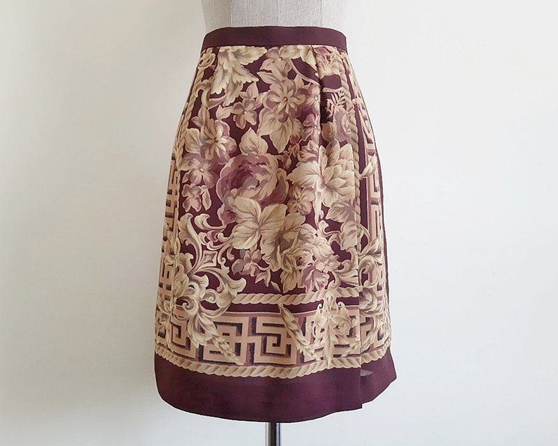 复古棕色印花裹裙 女士巴洛克印花 高腰 XS 25寸腰围 - 裙子 - 聚酯纤维 咖啡色