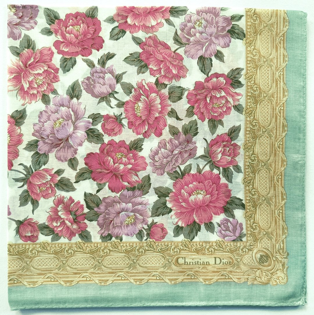 Christian Dior 复古牡丹花卉手帕 – 法式经典 19 x 19 英寸 - 手帕/方巾 - 棉 金色
