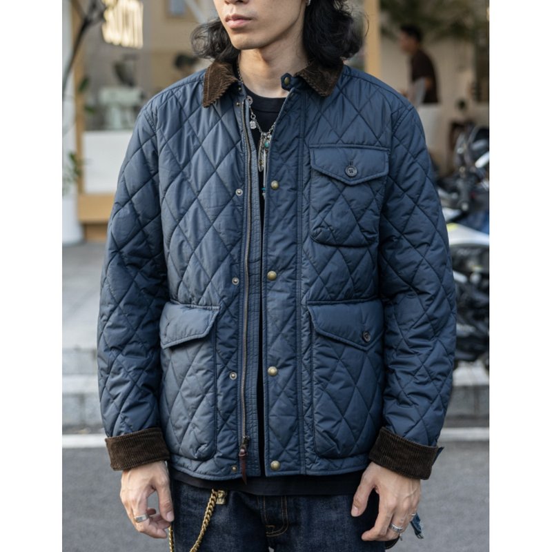 英伦猎装夹克 经典蓝 灯芯绒领 菱格绗缝 通勤保暖 Safari Jacket - 男装外套 - 其他材质 蓝色