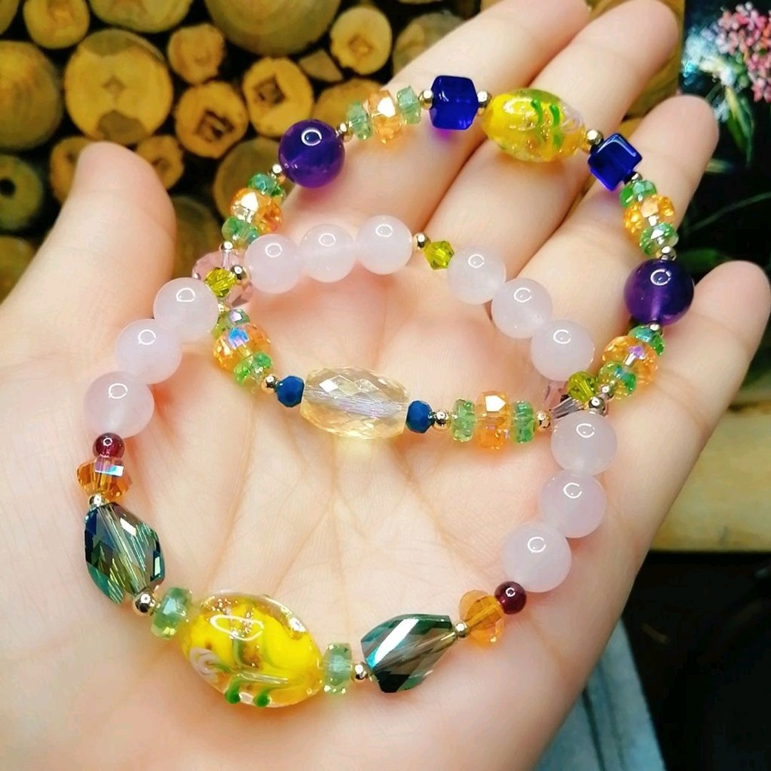 金银财宝Jinyin caibao 乌拉圭深紫水晶/粉晶琉璃 /水晶2件式手串 - 手链/手环 - 水晶 