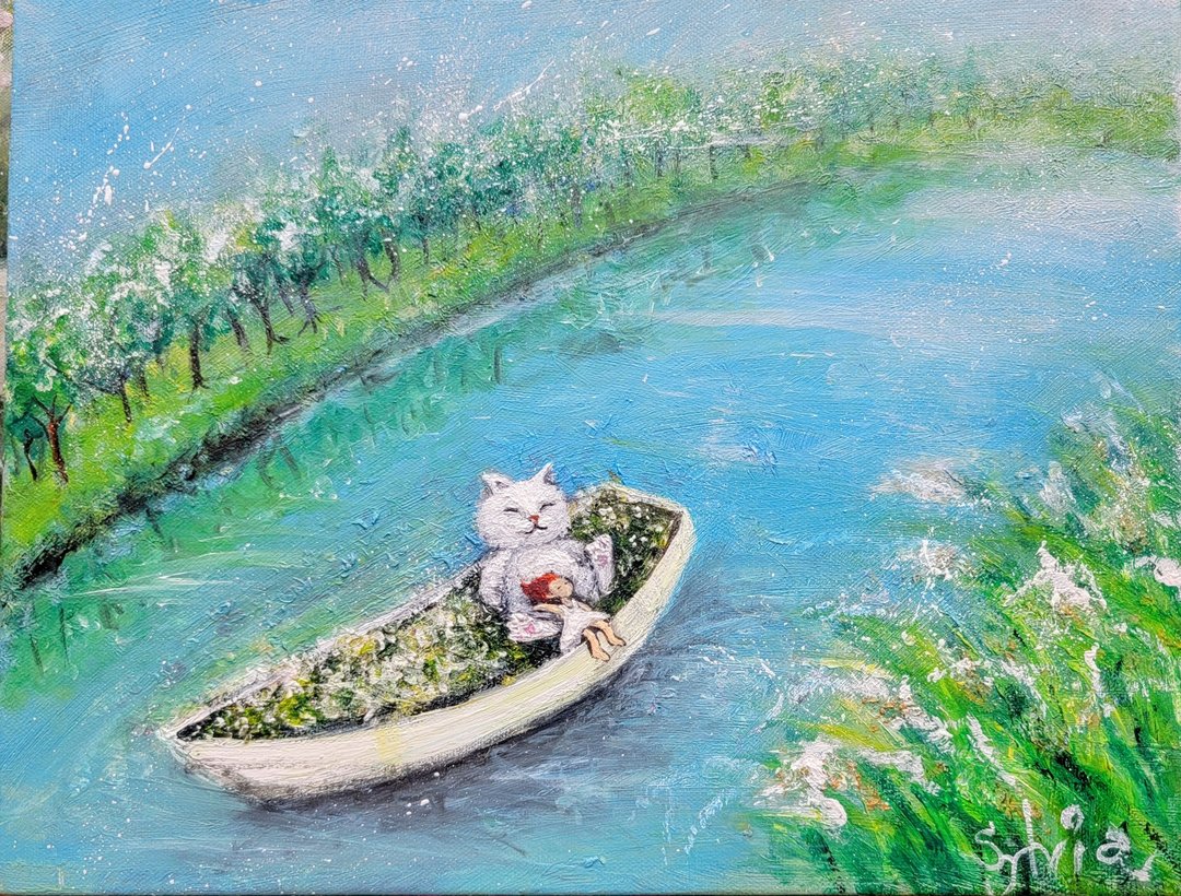 油画:倘佯在大河的小船 - 海报/装饰画/版画 - 棉 