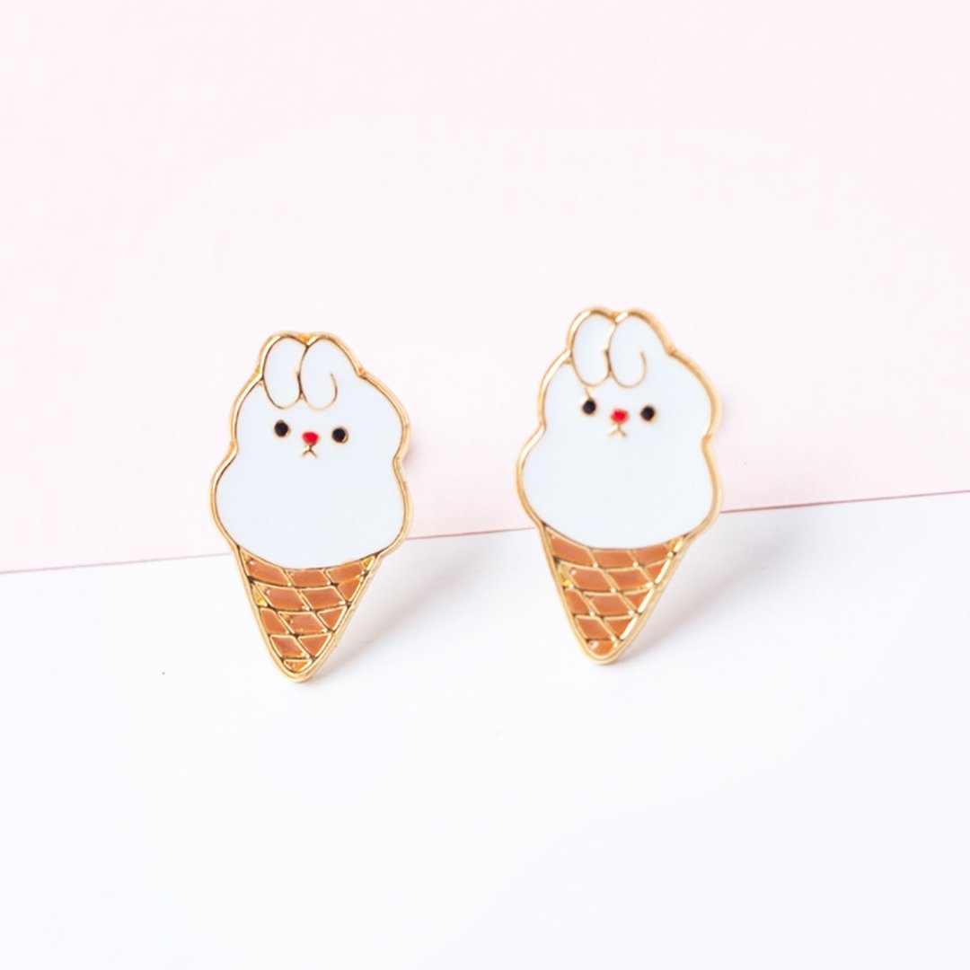卷耳兔子 霜淇淋 ice cream for rabbit lover 耳环 耳夹 - 耳环/耳夹 - 铜/黄铜 白色