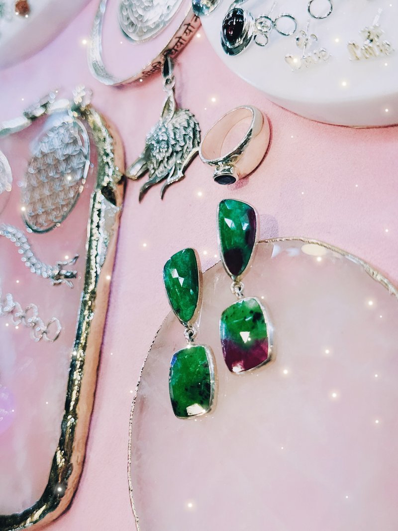 红绿宝双喜 - 耳环/耳夹 - 纯银 多色