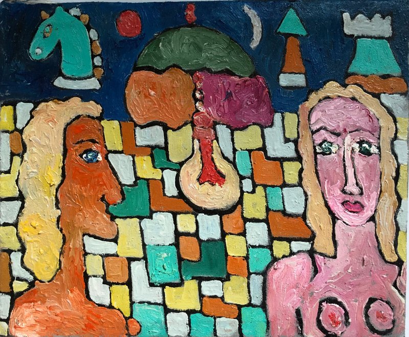 男人和女人下棋，超现实主义油画，墙壁艺术，家居装饰 - 墙贴/壁贴 - 棉．麻 多色