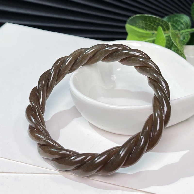 和田玉糖料手镯56MM 焦糖老坑细料麻花圆条糖玉手环 附鉴定证书 - 手链/手环 - 玉石 