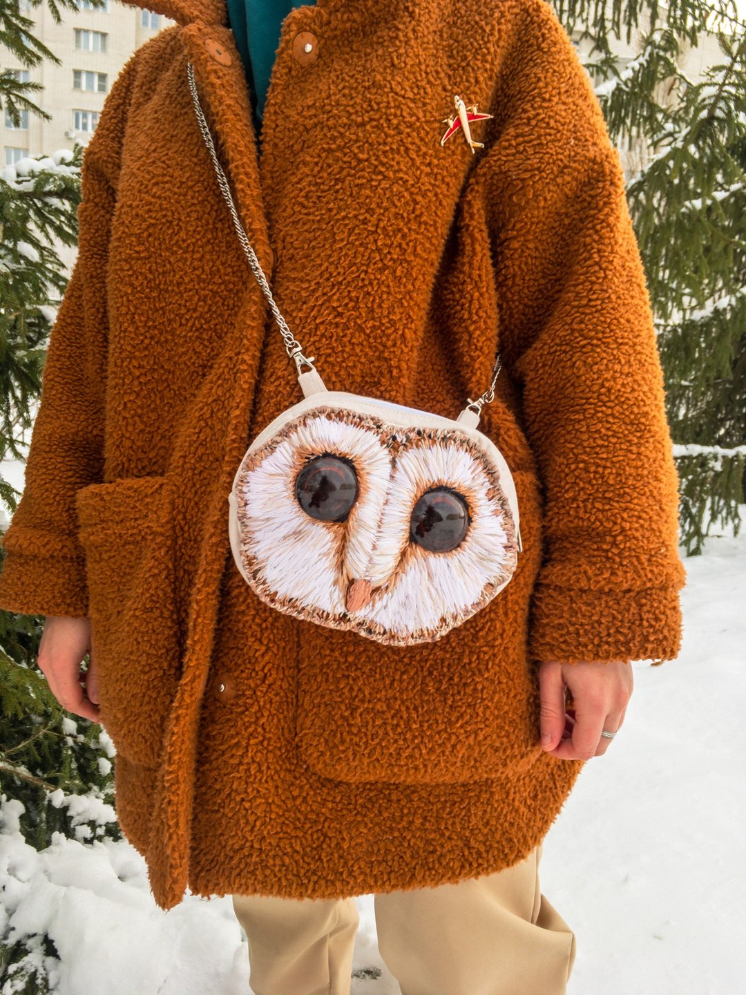 White crossbody bag barn owl bird clutch bag shoulder bag bride tote bag Small - 手拿包 - 羊毛 白色
