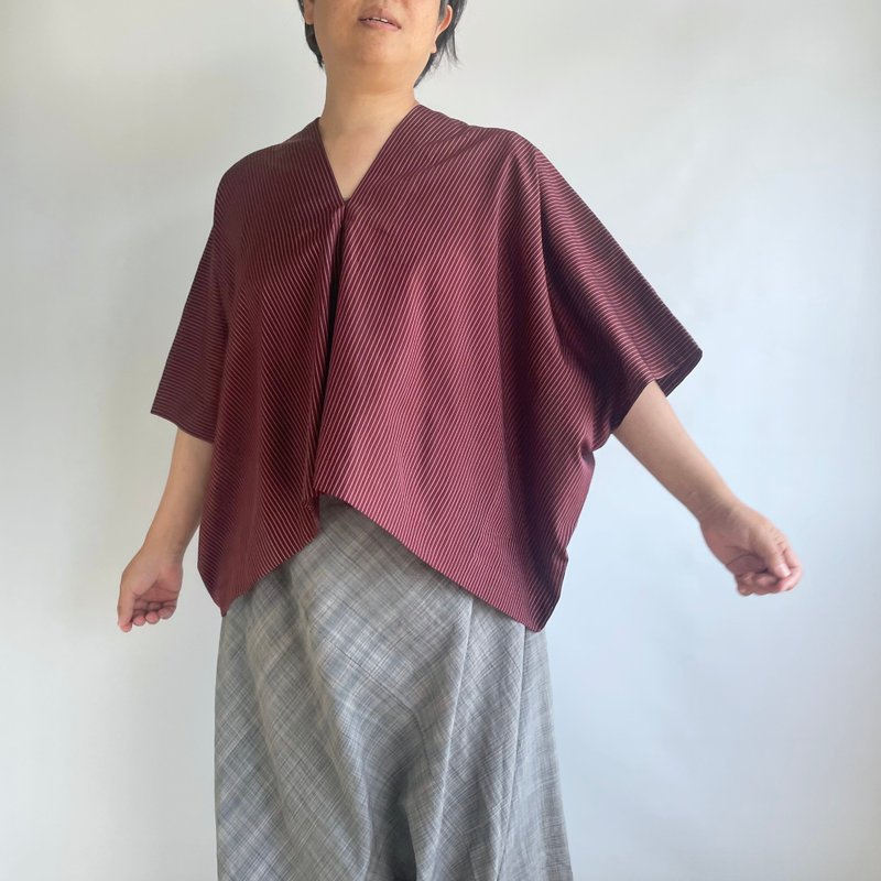 【独一无二】纵向剪裁宽版套头上衣 - 枣红绢织和服布料 纵条纹 & 怀旧玫瑰色新毛斯 - 女装衬衫 - 丝．绢 紫色