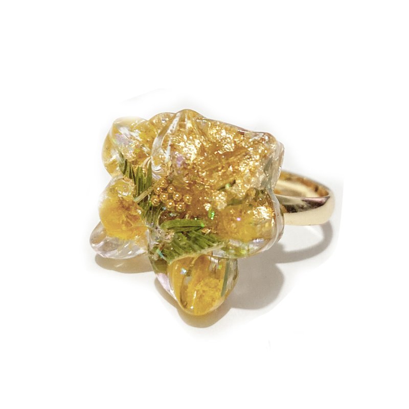 日本树脂黄色金合欢立体戒指(戒围可调) - 戒指 - 其他金属 金色