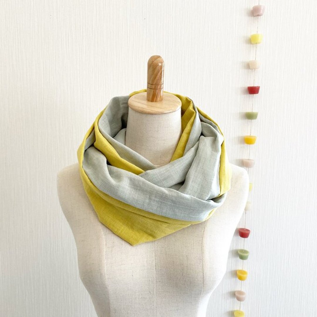 Made in Japan High quality double gauze fluffy dream feeling snood bicolor long type lemon yellow mint green - 围巾/披肩 - 棉 多色