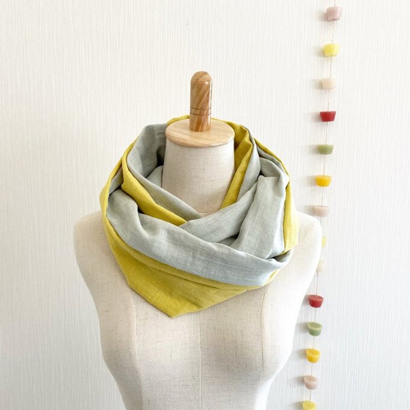 Made in Japan High quality double gauze fluffy dream feeling snood bicolor long type lemon yellow mint green - 围巾/披肩 - 棉．麻 多色