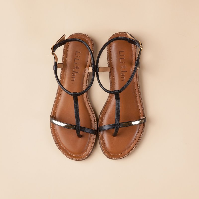 【时尚费洛蒙】全牛皮细金属凉鞋- 时尚黑 - 男女凉鞋 - 真皮 黑色