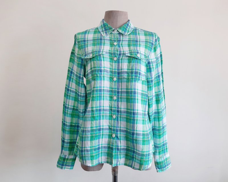 L.L. BEAN 复古绿格纹亚麻衬衫 女款长袖钮扣衬衫 XS - 女装上衣 - 棉．麻 绿色