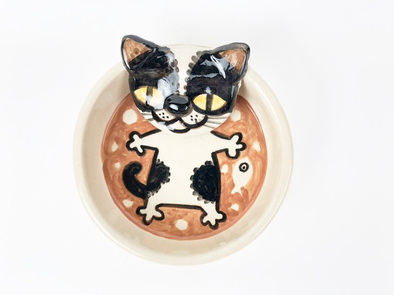 Nice Little Clay 手工立体圆盘 站站花猫 0308-17 - 浅碟/小碟子 - 陶 咖啡色