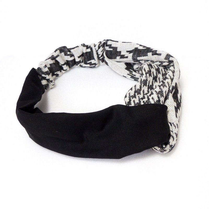 黑白千鸟格发带 - 发带/发箍 - 棉．麻 黑色