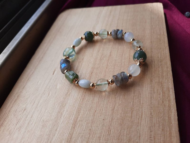 绿野森森-天然石手作-设计款(萤石x锂辉x拉长石x缅甸玉x碧玺) - 手链/手环 - 水晶 绿色