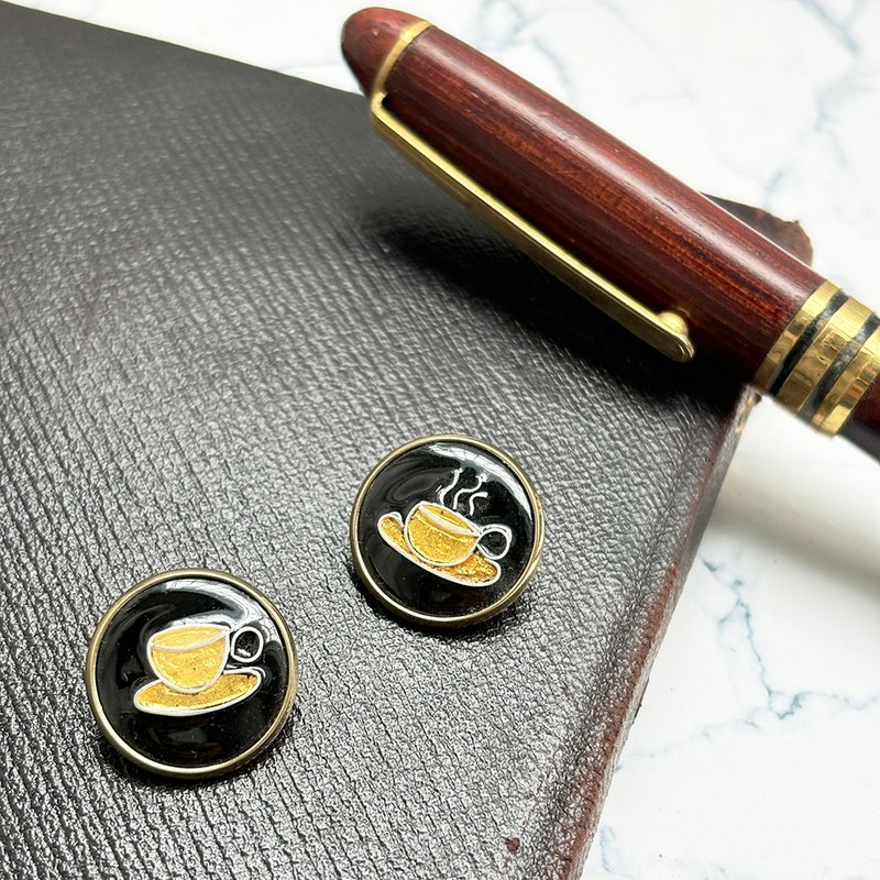 迷你画框 -金色咖啡杯- 金箔掐丝珐琅画别针 徽章 胸章 - 项链 - 其他金属 金色