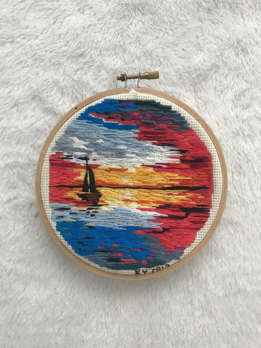 The sunset sailing embroidered 航行倒影夕阳手工刺绣挂画摆饰 - 摆饰 - 绣线 多色