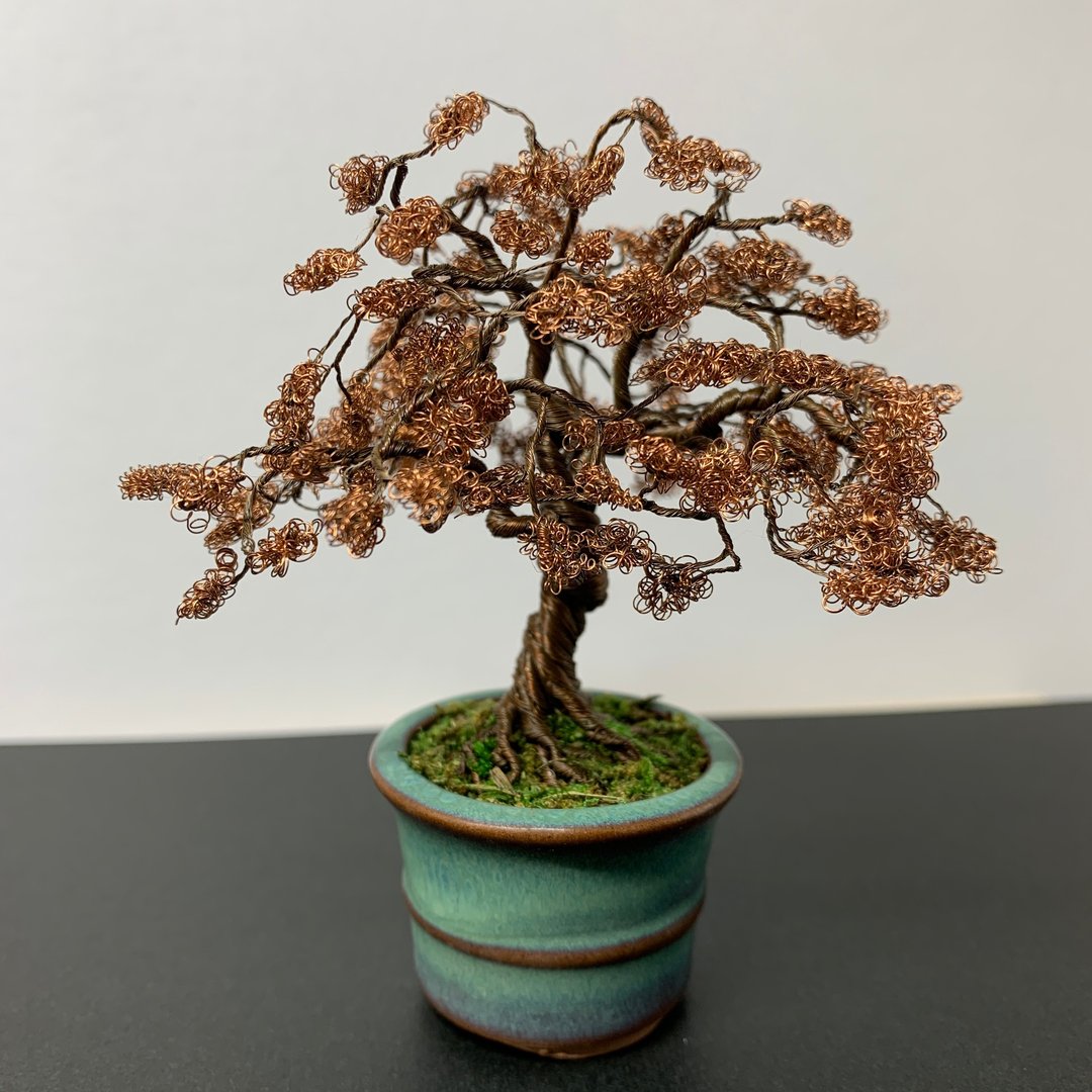 Straight stem wire bonsai with leaves - 摆饰 - 铜/黄铜 咖啡色
