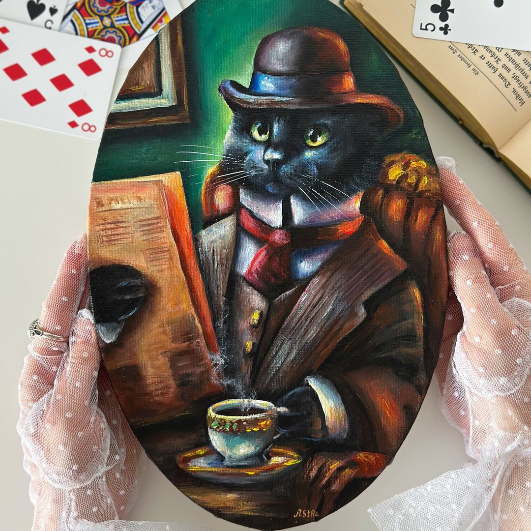 原创油画黑猫，猫壁画，宠物肖像，动物画 - 墙贴/壁贴 - 棉 多色