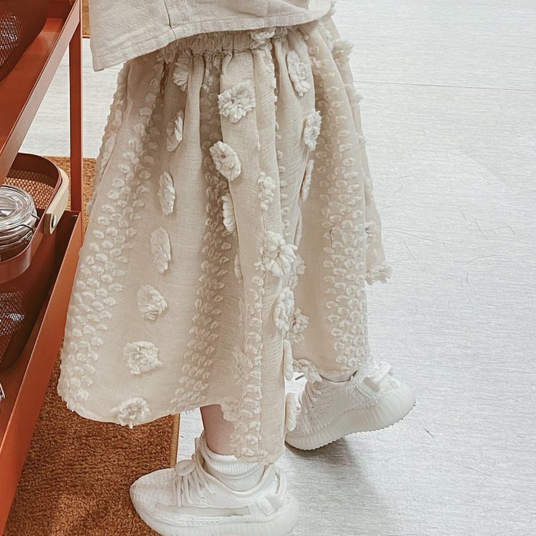 杏色花朵半身裙 / 淑女 立体花 童装 - 童装裙 - 棉 白色