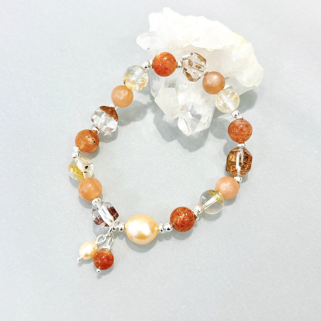 Ops silver bracelet-橙月光/幽灵/金太阳/纯银/粉肤色珍珠 - 手链/手环 - 其他金属 橘色