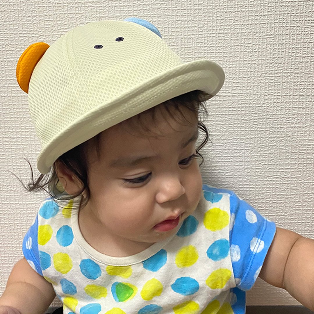 日本制造夏季婴儿帽子带动物耳朵防紫外线护颈 - 婴儿帽/发带 - 聚酯纤维 卡其色