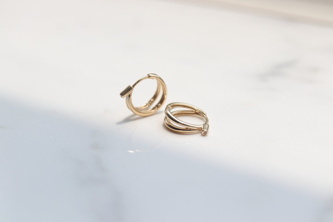 纯14K Simplicity style Earring 简约双环耳扣耳环 - 耳环/耳夹 - 贵金属 金色