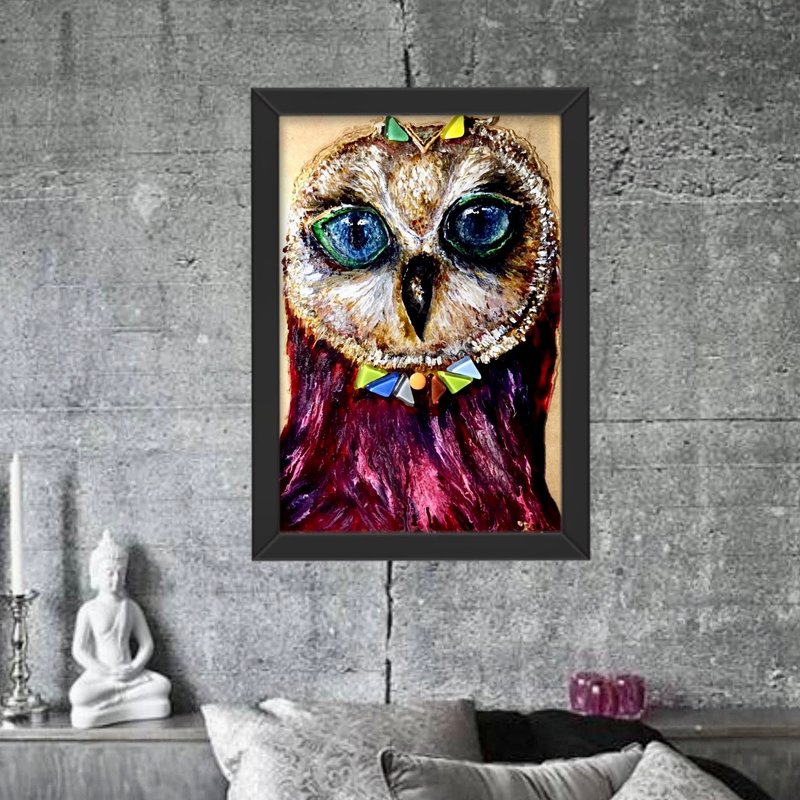 红色猫头鹰绘画，色彩丰富，彩色玻璃墙艺术与马赛克装饰， - 墙贴/壁贴 - 玻璃 红色